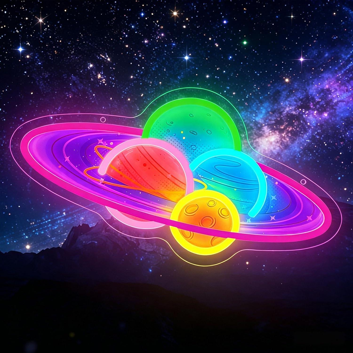 Party Games Kids Birthday - Planet Saturn Neon Sign USB Dimmable